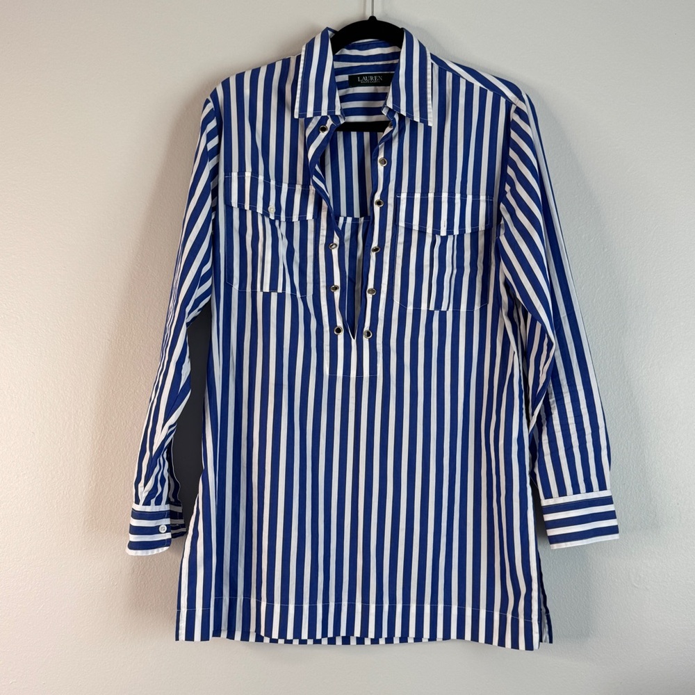 Ralph Lauren Blue White Tunic Striped Shirt Stripe Stripes Henley Pockets Cuffs - Picture 2 of 9